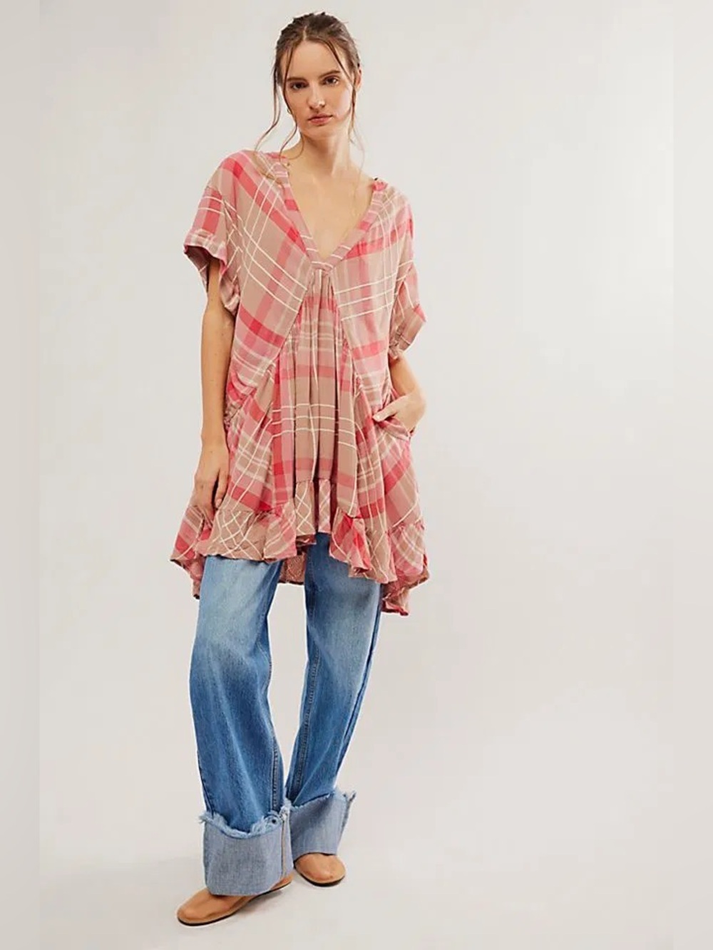 Free People Agnes Plaid Mini Dress Ballet Combo Pink Red Tan Boho Tunic V Neck